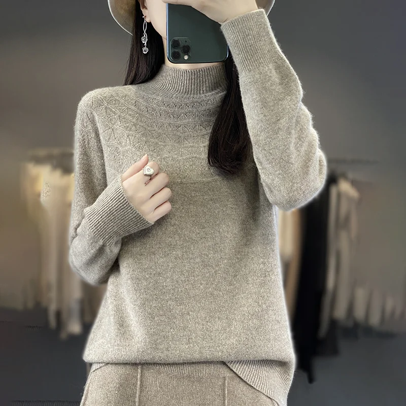 2024 New Line Of Garment Hollowed Out Half Height Women\'s High-grade Woolen Sweater 100% Pure Wool Multi-color Option WQ