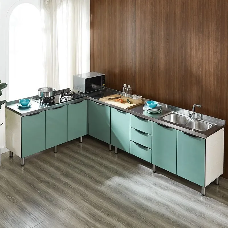 Rural Stainless Steel Assembled Kitchen Cabinets Economical Combined Cupboards with Integrated Stove for Rental Home Use
