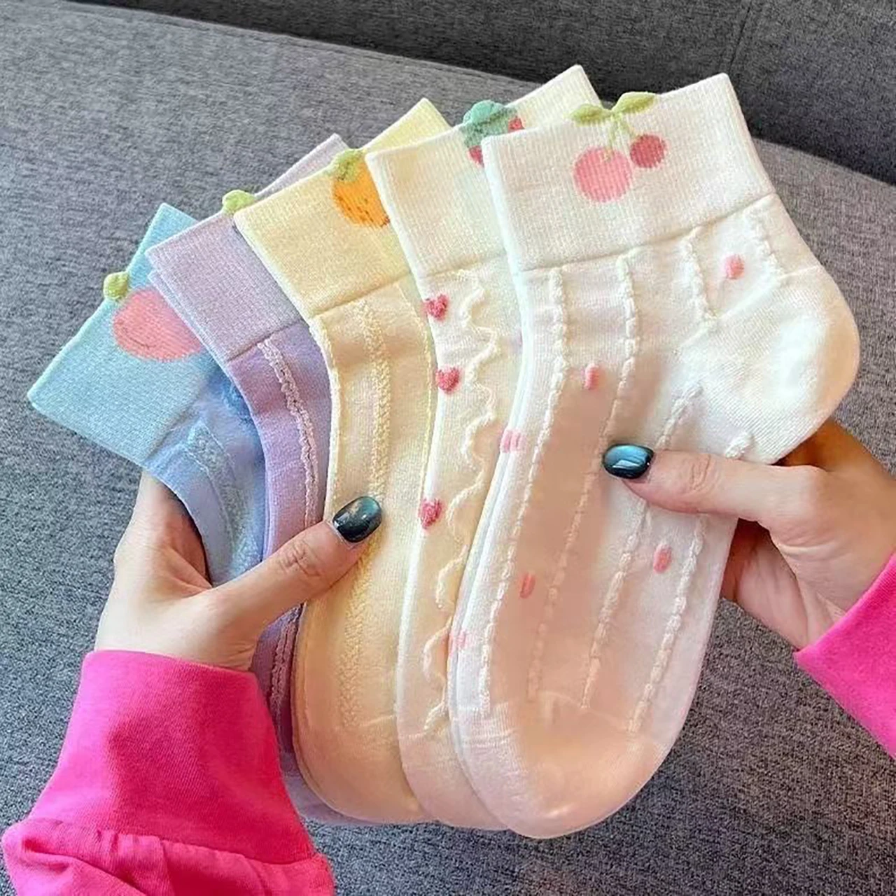 5Pairs White Strawberry Girls Socks Spring Autumn Kids Mid-calf Sock Sweat Absorbing Breathable Children Cotton Socks 3-12Year