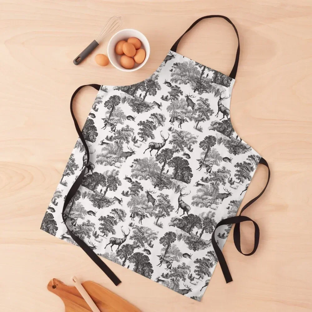 

Elegant Classic Black White French Toile Deer Fox Hare in Countryside Pattern Apron Christmas gift Chef Uniform Women Apron