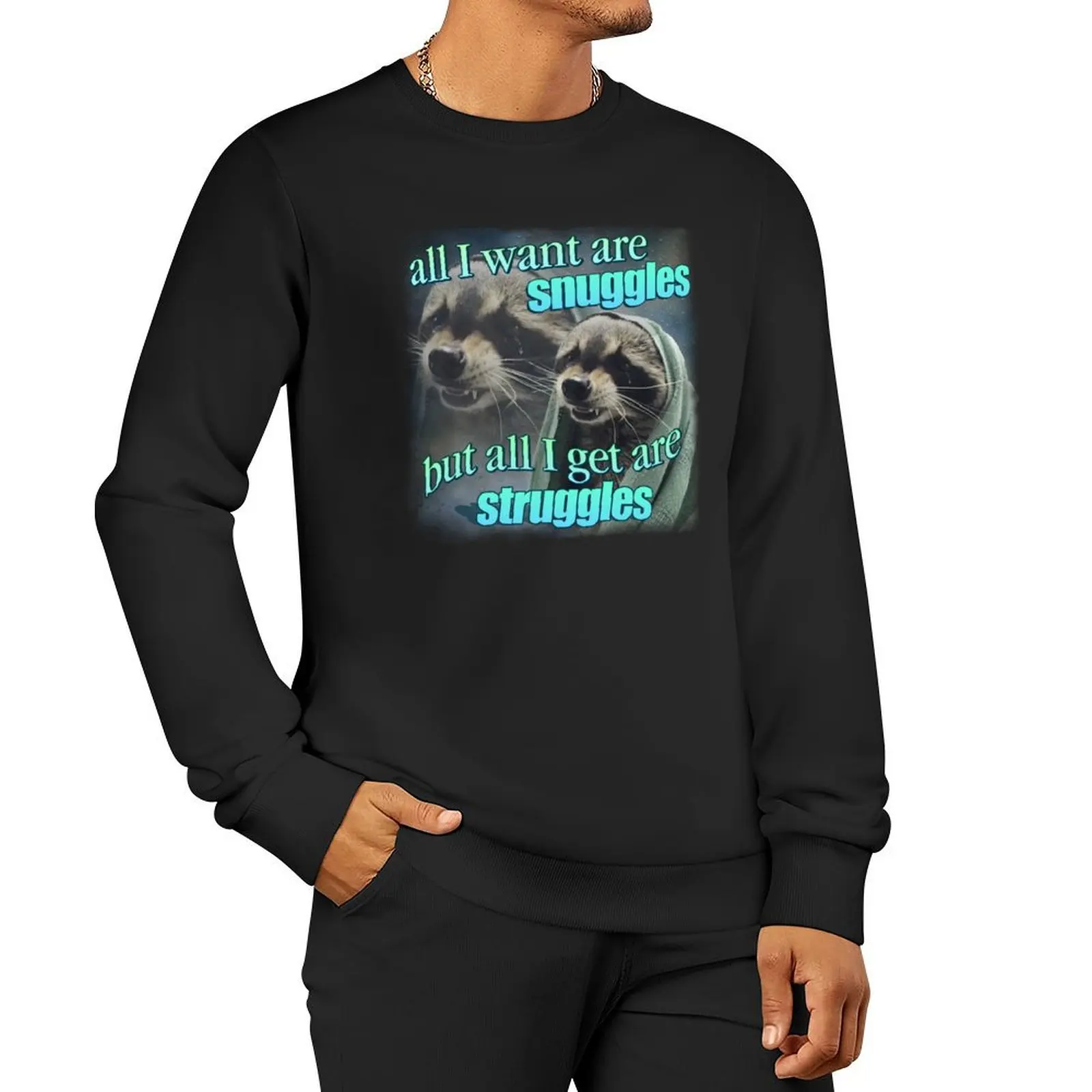 

All I want are snuggles but all I get are struggles raccoon word art meme Sweatshirt mens clothes hooded sweatshirts