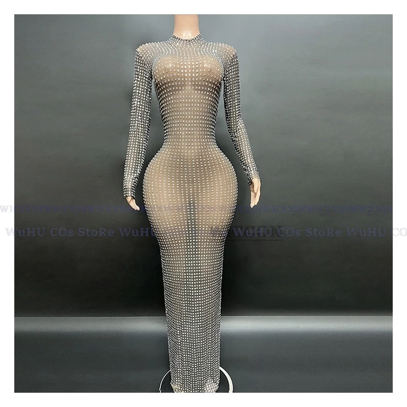 Sparkling White Diamonds Elegant Back Split Long Floor Length Black Slim Evening Dress Sexy Multiple Colors Slim skirt sexy