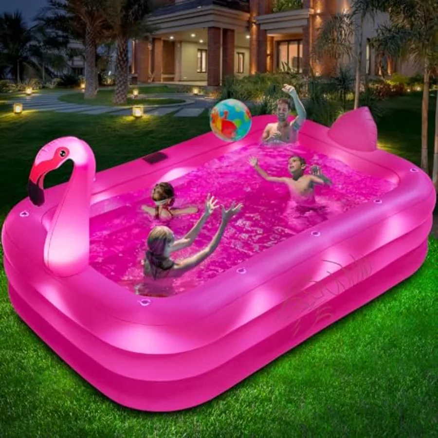 Inflatable Pool with Lights Solar Flamingo Swimming Pool for Backyard Outdoor Use Durable Thickened PVC Bright Pink 100X63X20