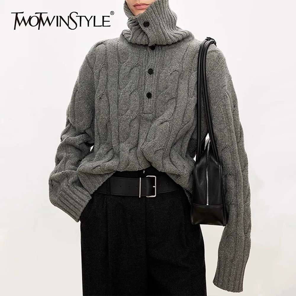 

TWOTWINSTYLE Solid Spliced Buttons Sweater Female Turtleneck Long Sleeve Loose Streetwear Basics Women's Sweaters Autumn Fashion