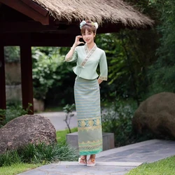 Traditional women thailand clothing chinese Dai ethnic style lacing hanfu top straight skirt elegant dignified temperament set