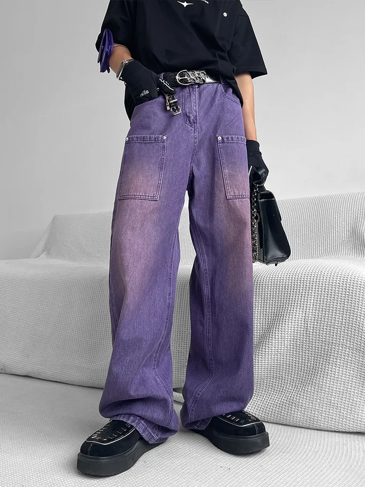 

Trendy Korean Loose Straight Leg Purple Workwear Jeans Unisex High Waist Long Pants Casual Straight Foot Opening Zipper