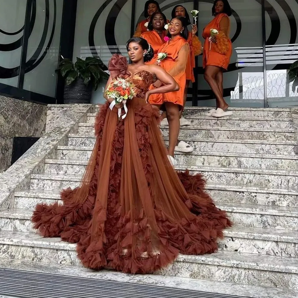

Brown Tulle Prom Dresses One Shoulder Ruffles See Through Wedding Reception Dress Aso Ebi Women Bridal Gowns For Photoshoots