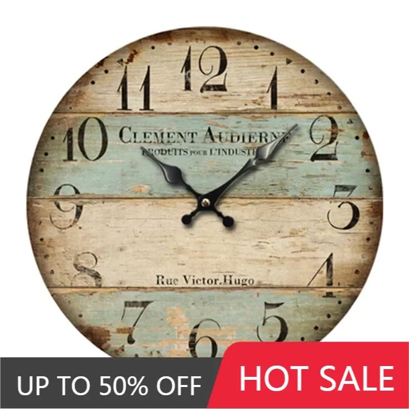 Home 12 Inch Silent Vintage Wooden Round Wall Clock Arabic Numerals Vintage Rustic Chic Decor Mechanic Wall Clock Living Room