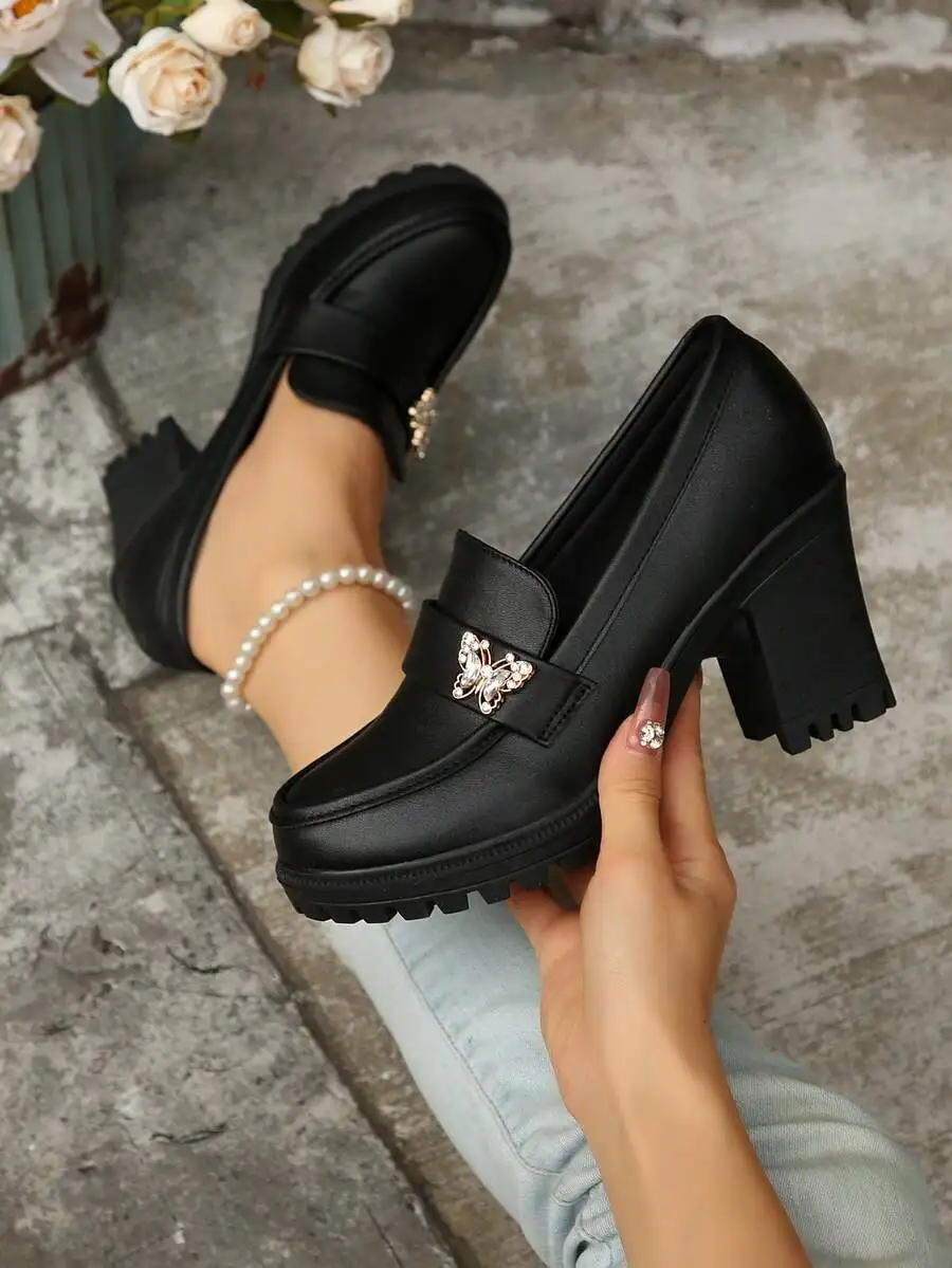 Womens Black Loafers With Butterfly Embellishment And Pearl Anklet, Chunky Heel Slip-On Shoes view 6