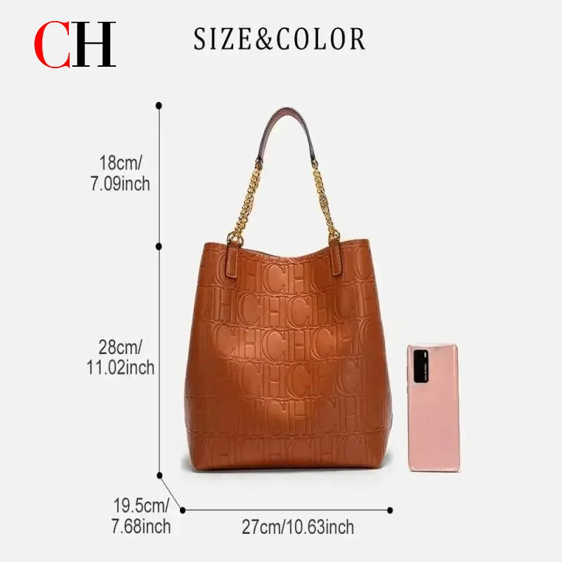 CH Tote Bag For Women Luxury Designer Handbag Fashion Embossed Leather Shoulder Bag Elegant Gold Chain Tote Bag For Daily Use