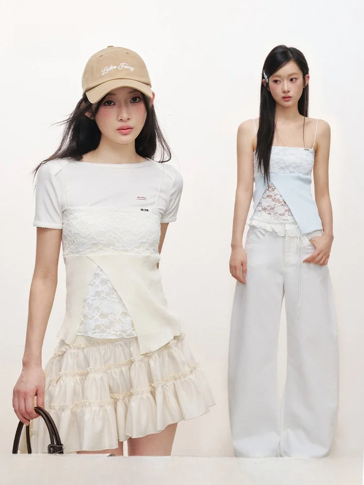 

Spring Lace Splice Knitted Cardigan Liilou Zhang Xiao Wan Commute Sle Slim Fit ort Length Inner Wear Women's Vest Top