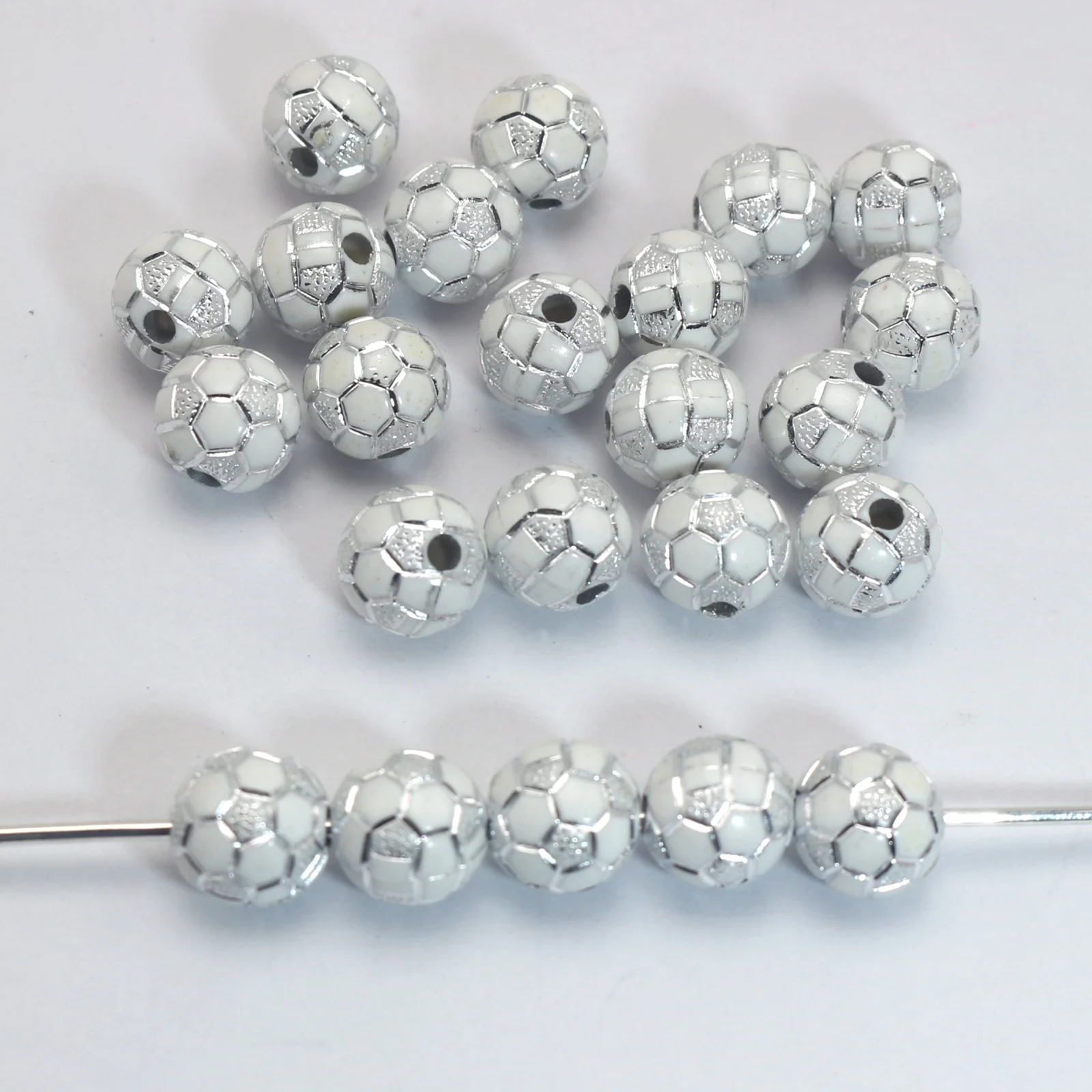 100 White Sparkling  Football Soccer Pattern Acrylic Round Beads 10mm
