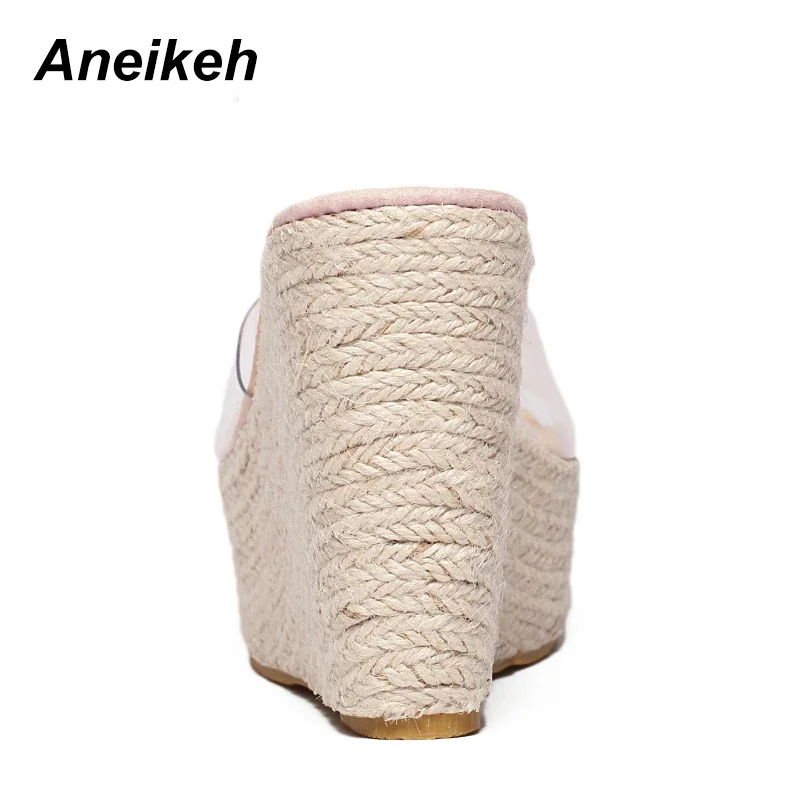 Aneikeh Fashion Summer Women\'s PVC Transparent Slippers Solid Platform Wedges Heels Office Shoes Size 34-40