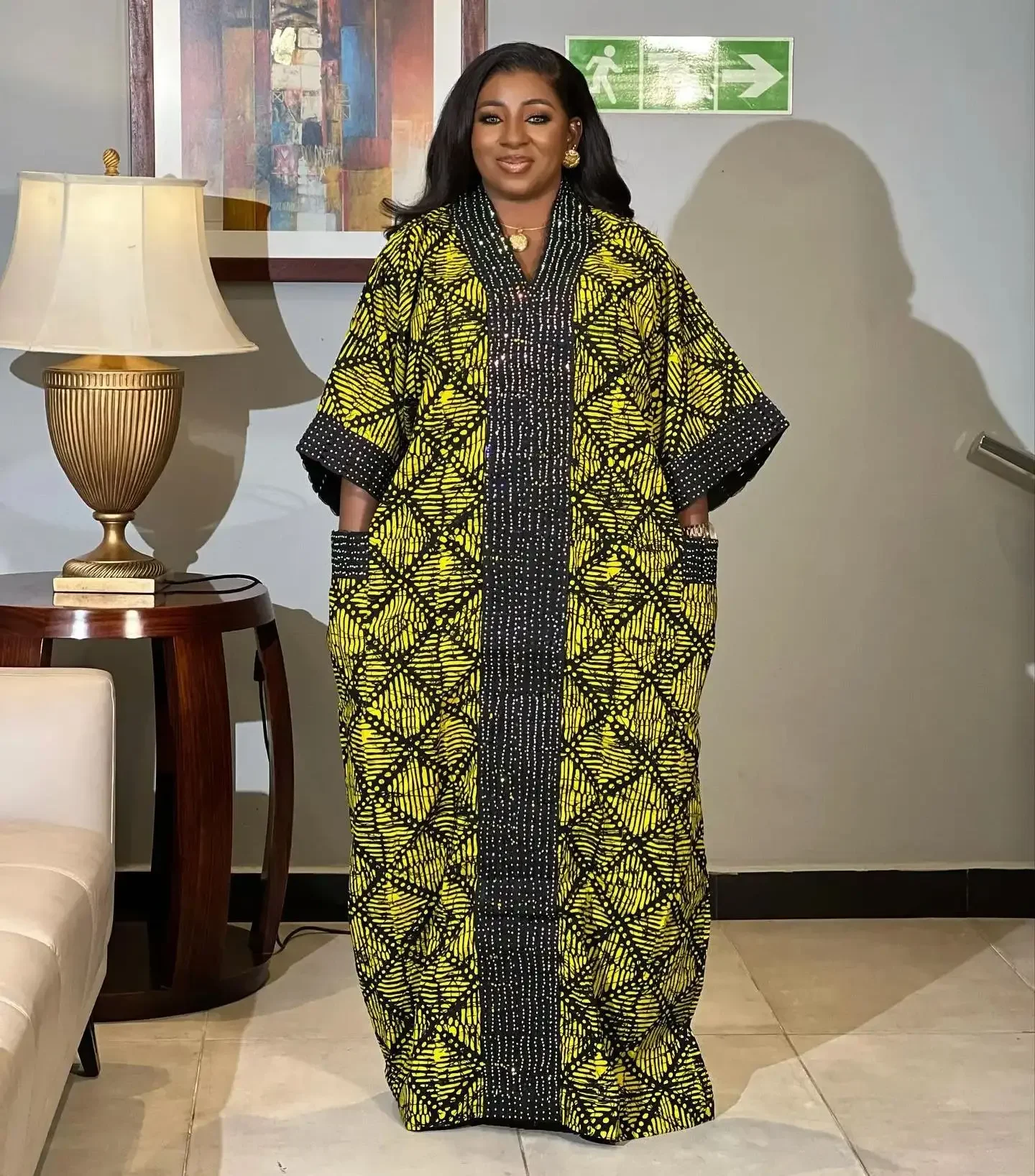 African Women Clothing Dashiki Abaya Stylish Loose Diamond Setting Print Long Dresses Free Size Included Scarf