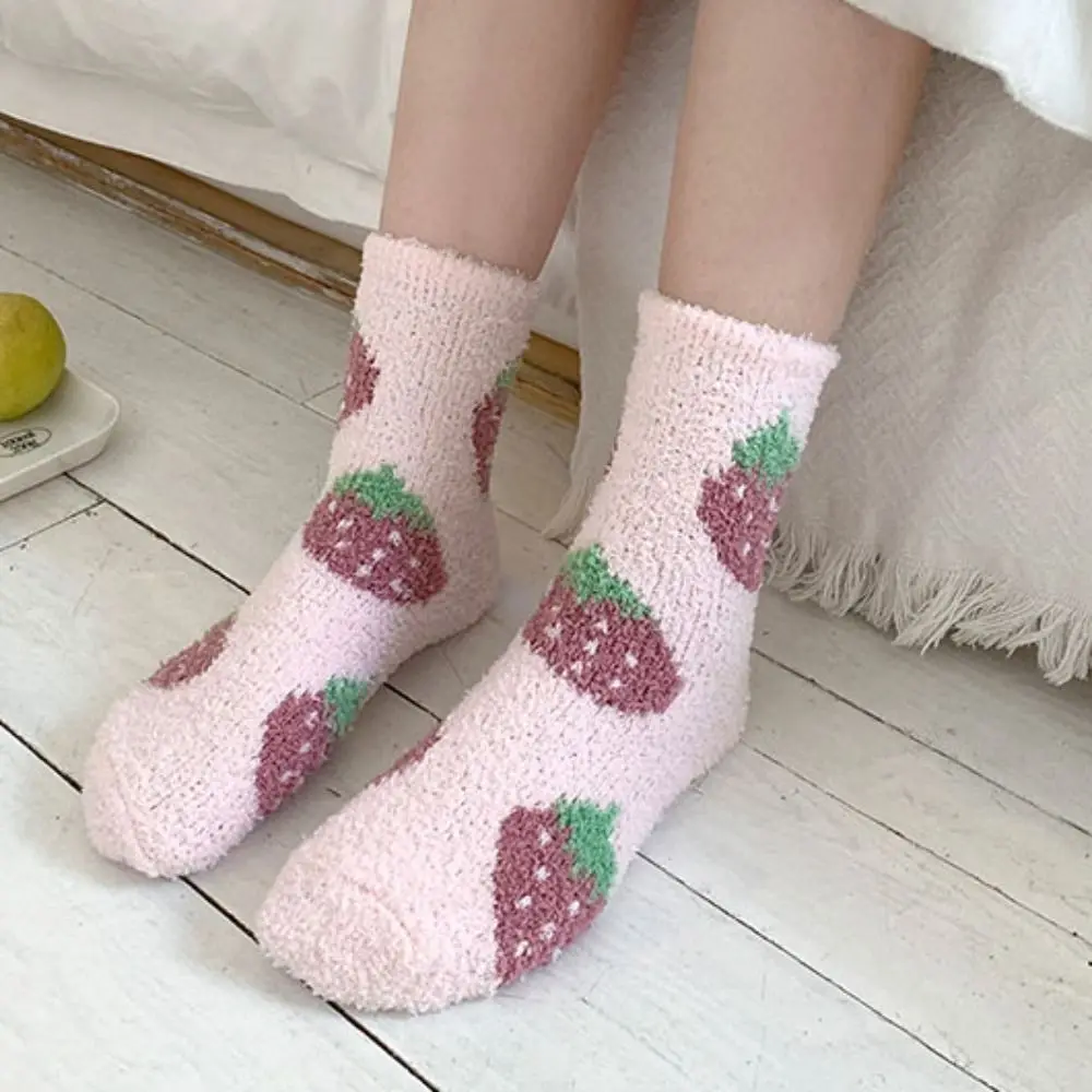 

Soft Thickened Coral Fleece Socks Flower Strawberry Winter Floor Socks Hosiery Sleeping Warm Socks Women Winter