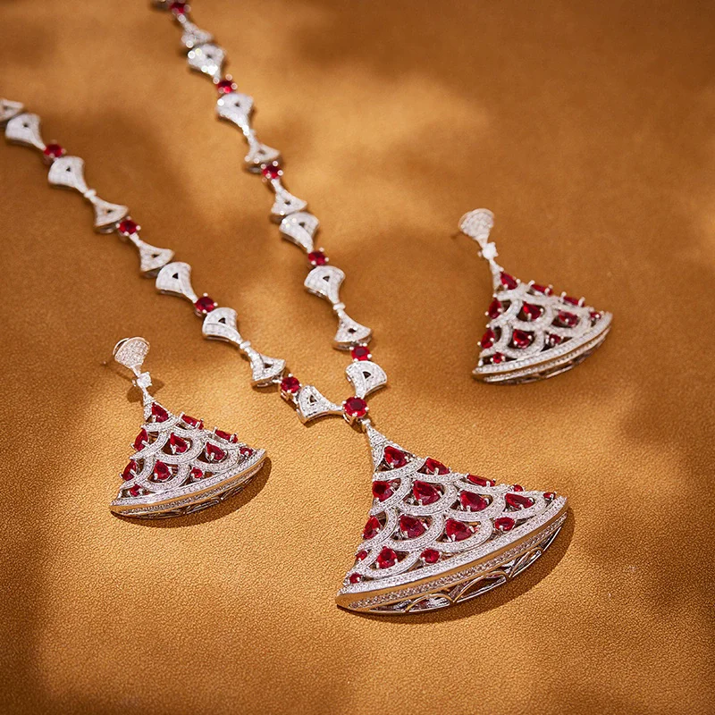 

Designer Collection Fashion Long Necklace Earrings Sweater Chain Inlay Red Cubic Zircon Fanned Pendant Party Jewelry Sets