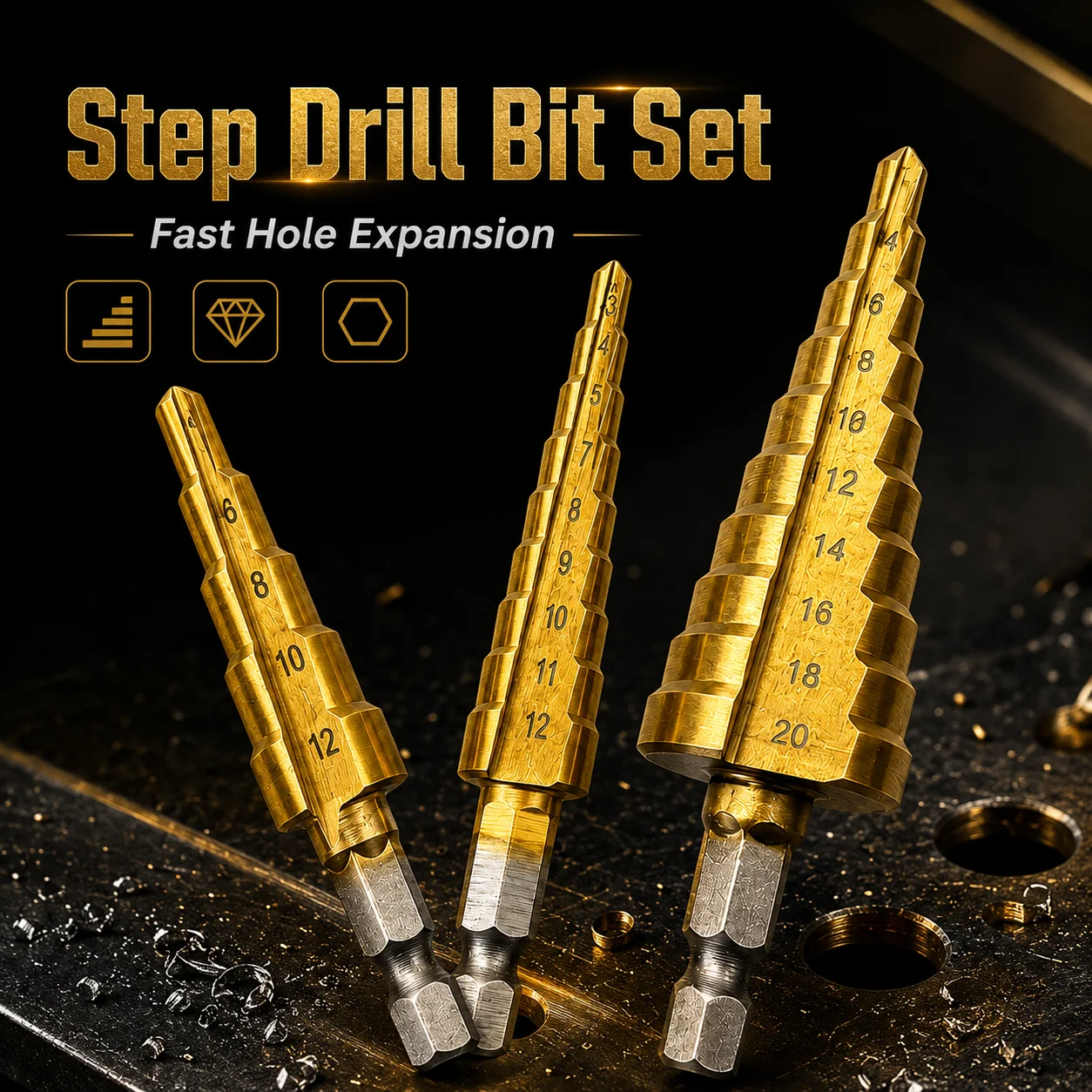 Titanium Coated Step Drill Bit Set, 1/4