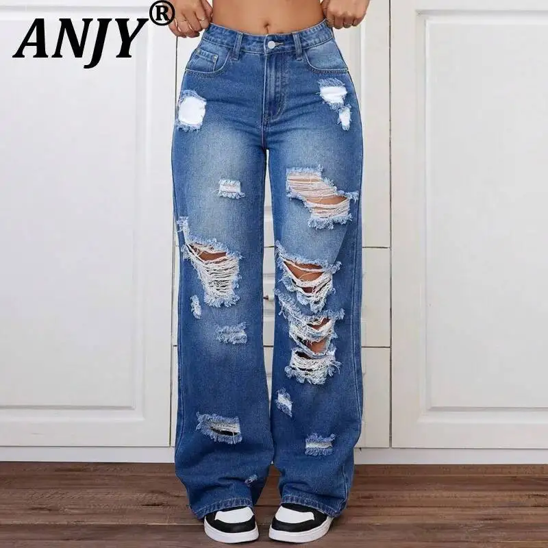 

ANJY Spring Autumn New Women Washed Vintage Ripped Design High Street Jeans Trendy Fashion Straight Versatile Denim Pants A23084