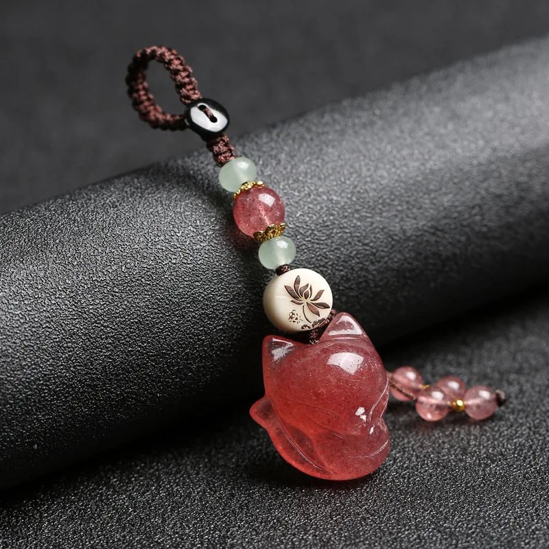 

Natural Strawberry Quartz Fox Keychain Handwoven Crystal Fox Charm with Lotus Bead Key Ring for Women Lucky Amulet Jewelry Gifts