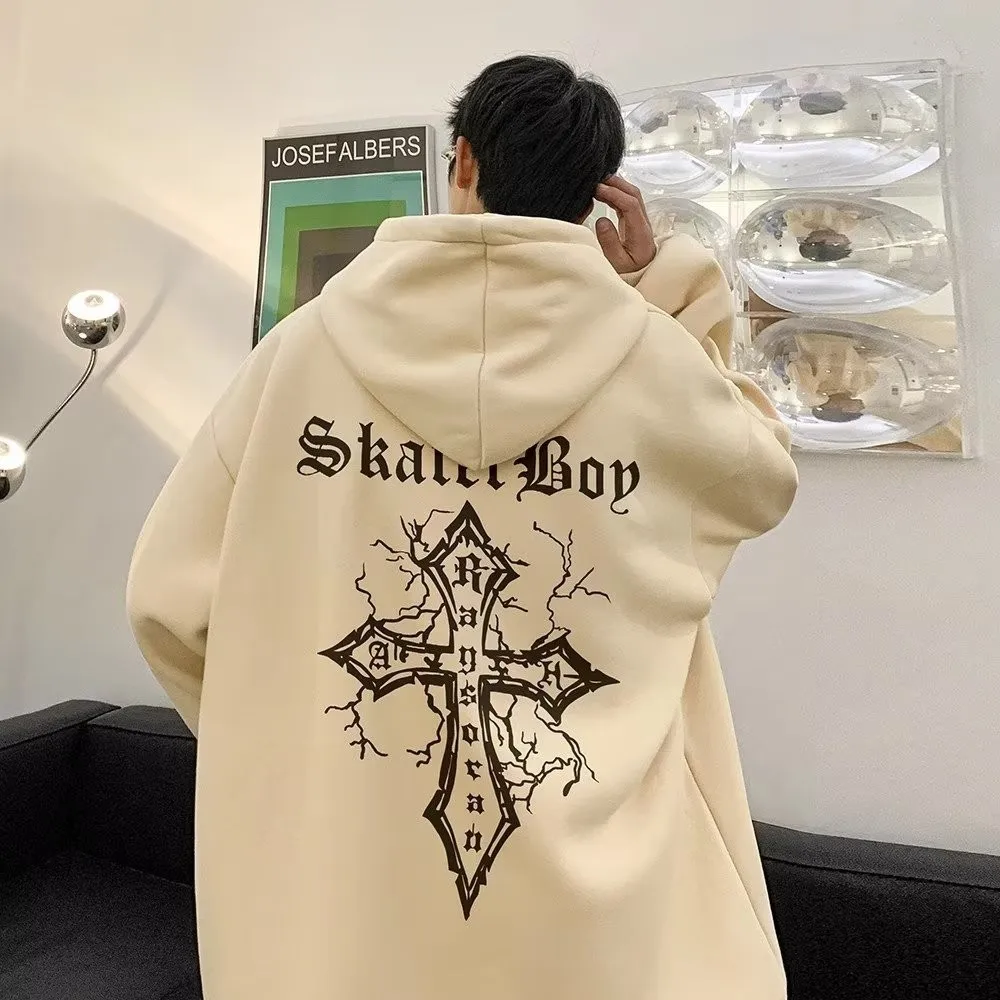 

M-8XL Hoodie Men's Large Hoodie Loose Fashion American Retro Cross Printed Long Sleeve Double Shirt