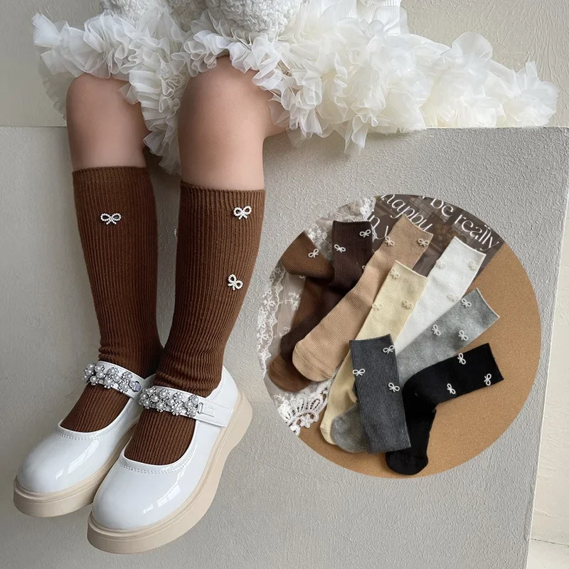 Korean Fashion Calf Sock for Kids Creative Design Pearl Bow Solid Color Children Sock Spring Autumn Soft Cotton Sock