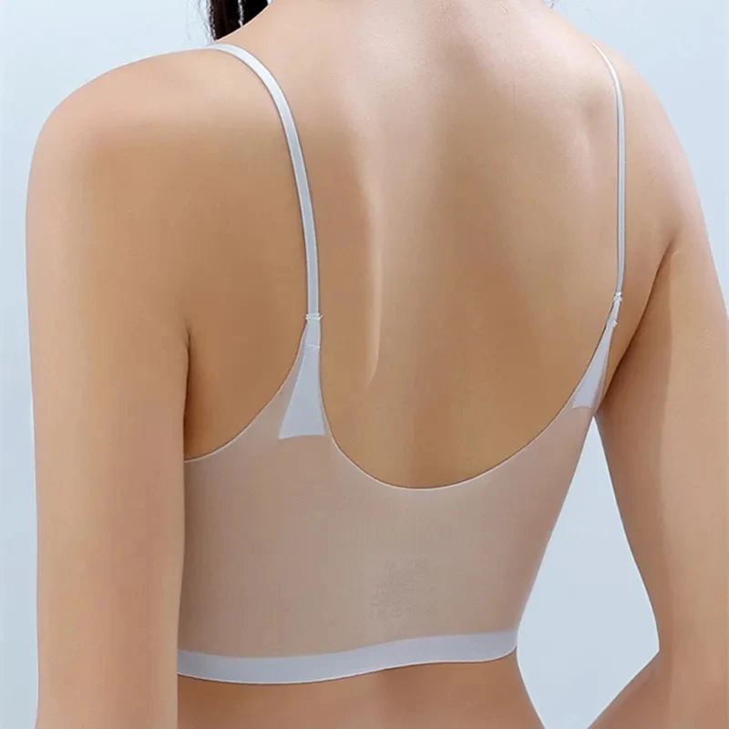 Ultra-thin Ice Silk Padded Bra Seamless Underwear Women\'s Thin Section  Sling Beautiful Back Vest Tops Big Chest Small Sleep Bra