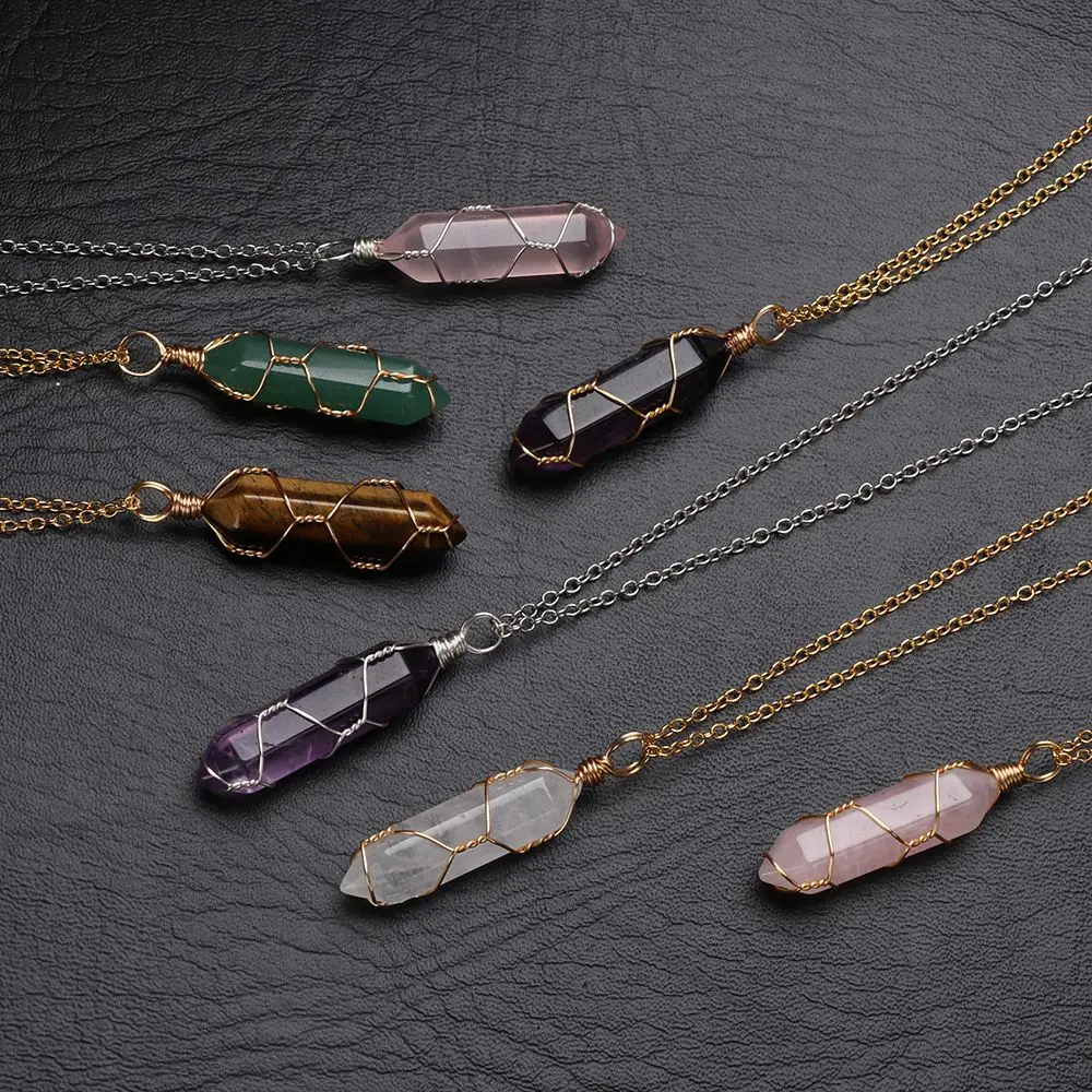 Fashion Accessories Amethyst Blue sand Natural Stone Hexagonal Cylindrical Crystal Necklace Wire Wrap Stone Pendant Rose Quartz