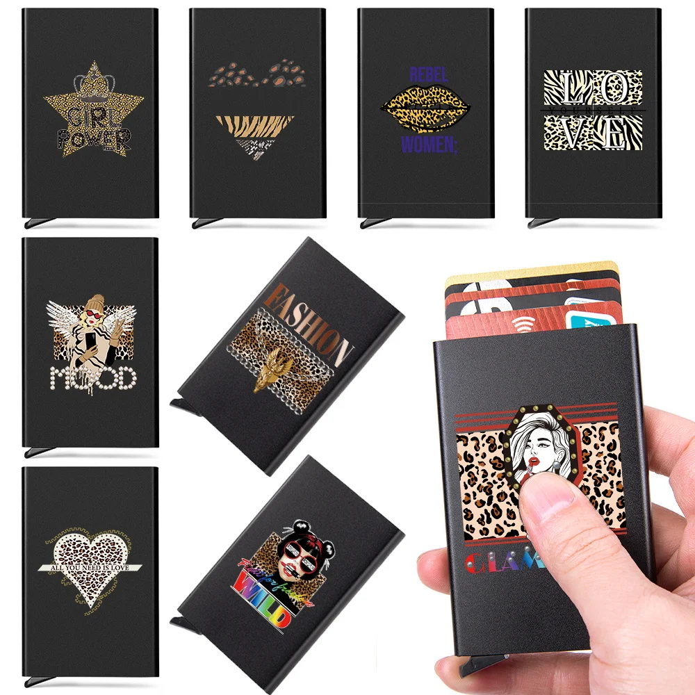 Slim Aluminum Wallet with Elasticity Back Pouch Credit Card Holder Mini Wallet Automatic Pop Up Bank Card Case Leopard Pattern