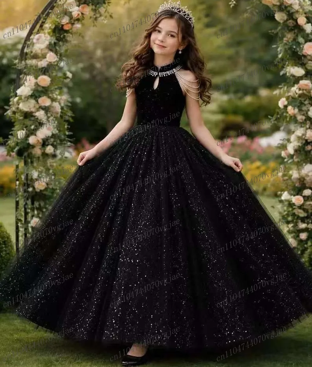 New Black Flower Girl Dresses Wedding Party Tulle Girls Sleeveless Princess Pageant Ball Gown First Communion Dress