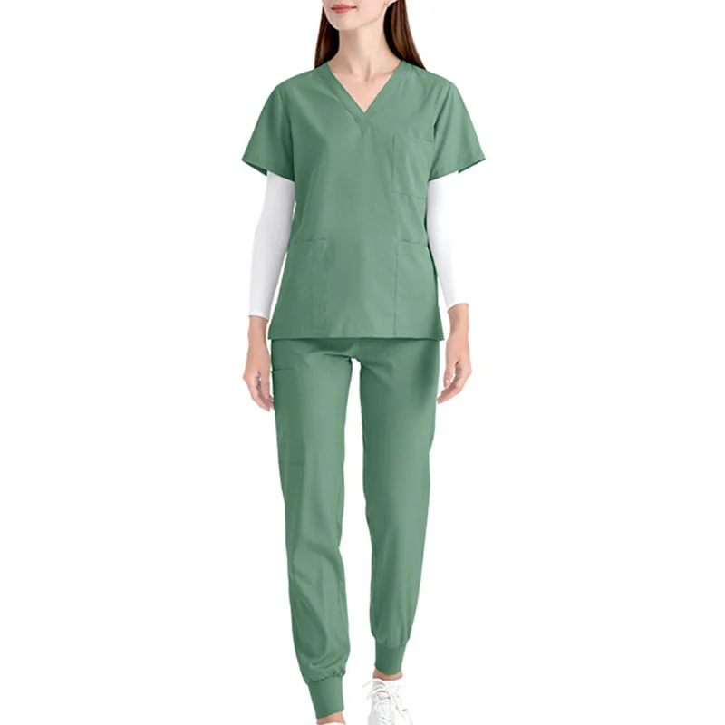 Uniforme de Enfermería de poliéster con cuello en V para mujer, ropa de Hospital suelta, ropa informal para enfermera, Tops de manga corta y pantalones, 1 unidad