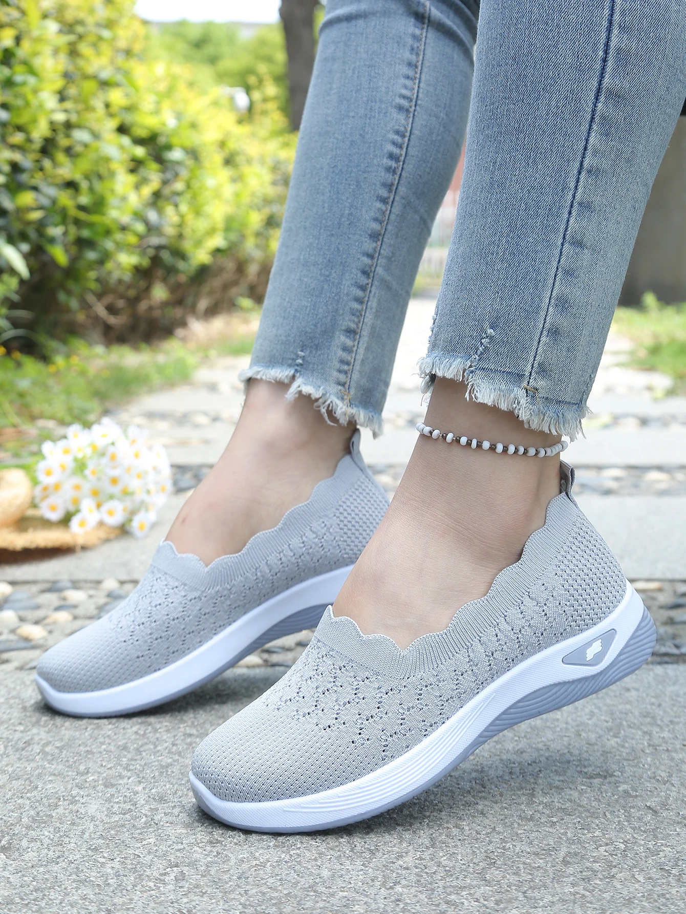 Damen-Slip-On-Freizeitsneaker aus Strick, atmungsaktive, leichte Komfort-Wanderschuhe mit Muschelbesatz, kostenloser Versand – Detail 15
