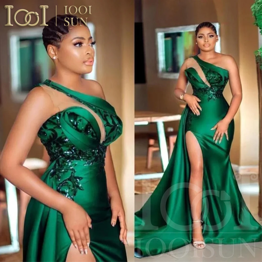 

IOOISUN Emerald Green Satin Bridesmaid Dress Beaded Sequin Wedding Party Gown Luxury Evening Party Customized Gown