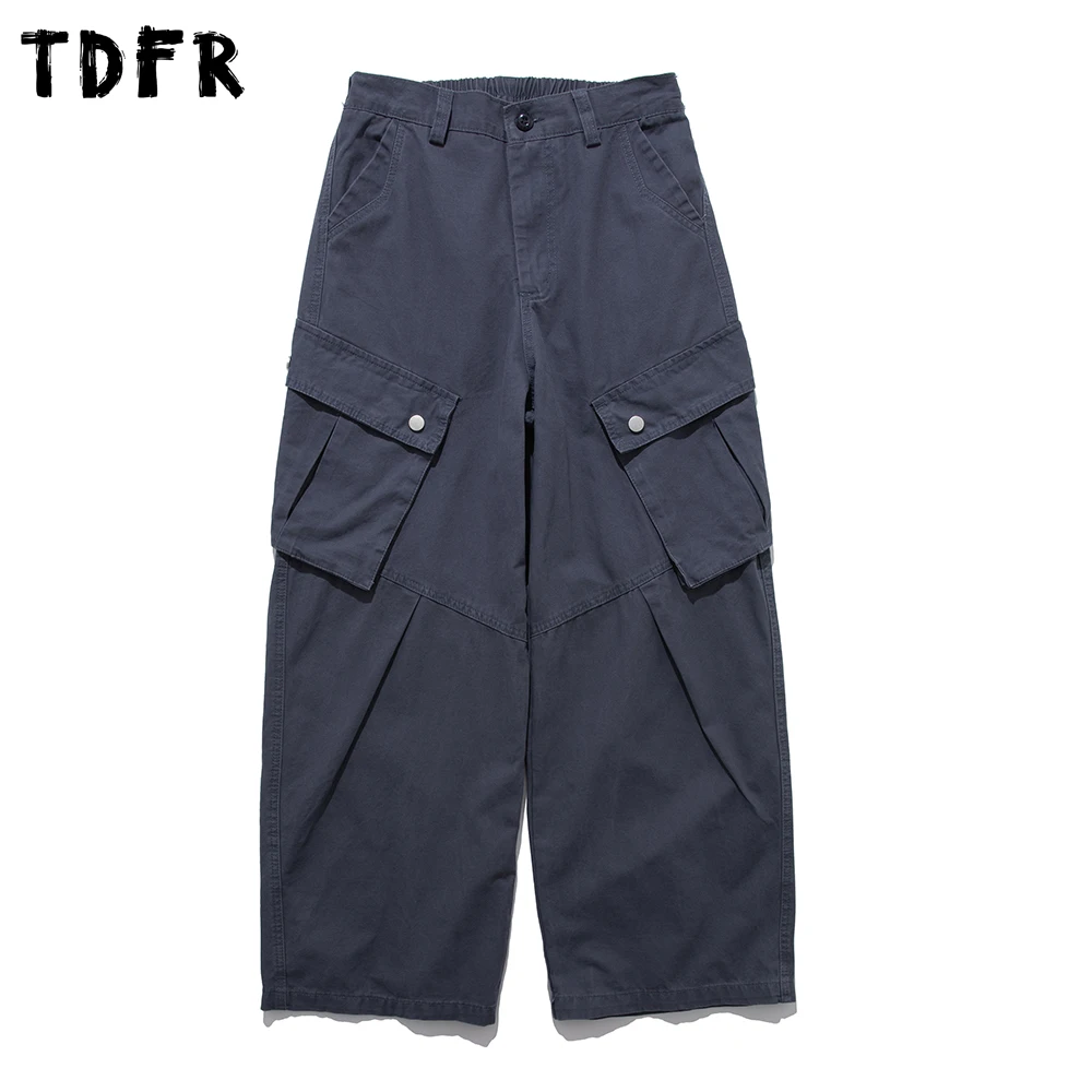Multi-Pocket Pleated Cargo Pants Mens Spliced Solid Color Safari Style Retro Baggy Wide Leg Elastic Waist Trousers Man