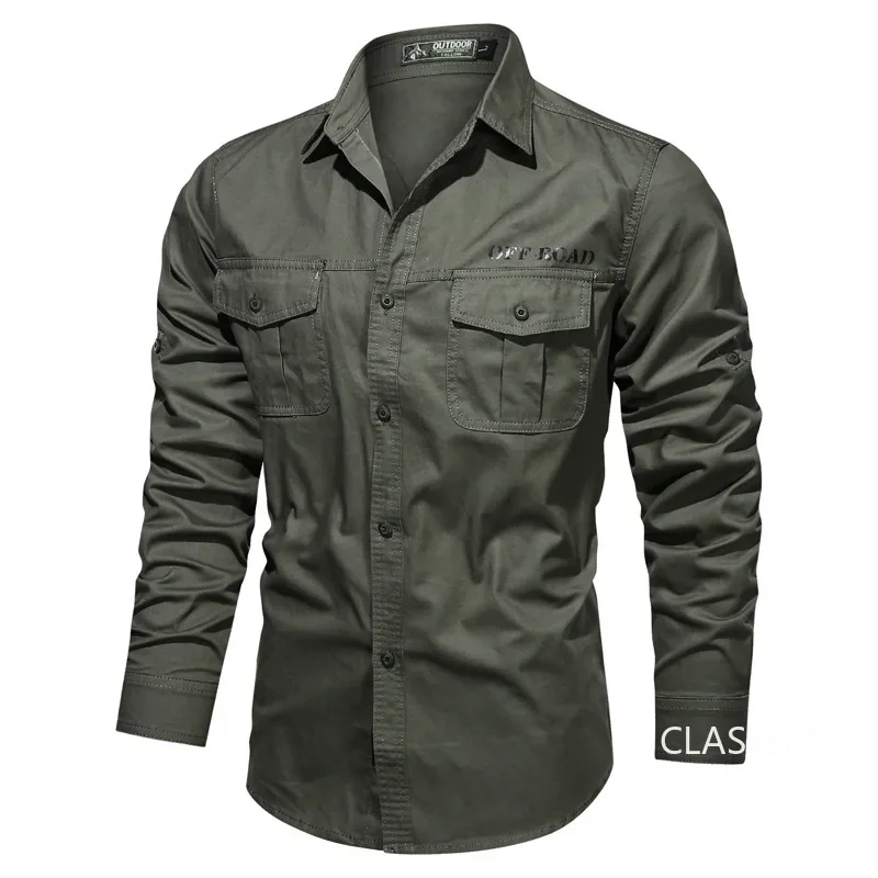 Men Military Long-sleeved Tooling Shirts Male Cotton Outdoor Multi-pocket Casual Shirts Good Quality Man Large Size Solid Shirts