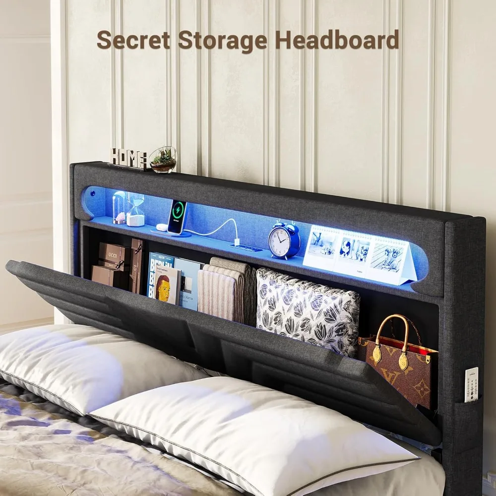 Luxe platformbed met linnen bekleed met RGB LED-hoofdeinde, USB-C/A-oplaadpoorten en opberghoofdeinde