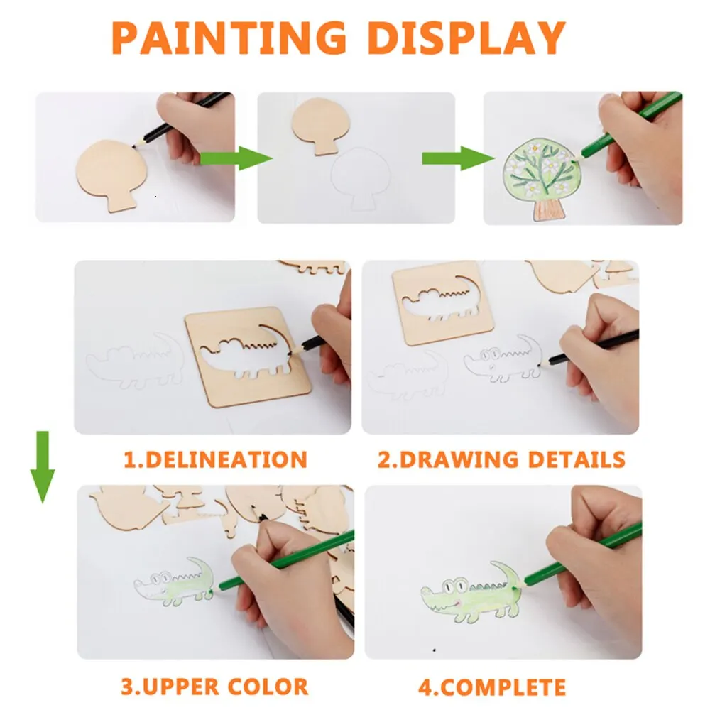 20pcs 몬테소리 어린이 장난감 그리기 장난감 나무 DIY 그림 템플릿 스텐실 어린이를위한 교육 장난감 학습 선물