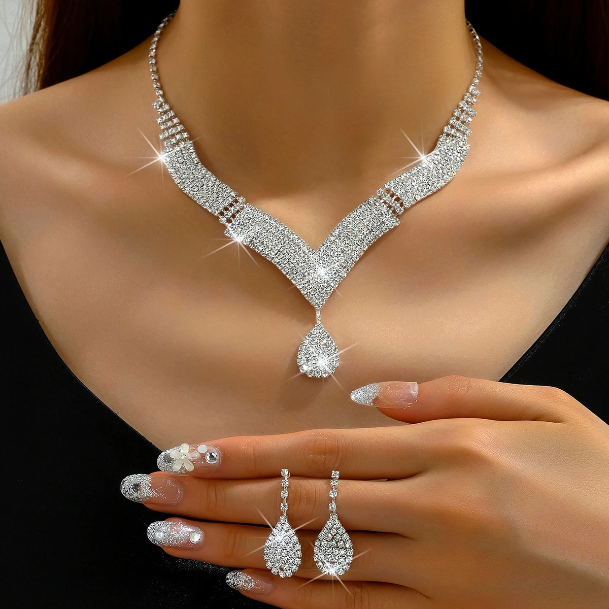 1 Set Of Fashionable Copper Inlaid Claw Chain Necklace, Earrings, Jewelry Set, Women's Wedding Banquet Party Daily Necessities