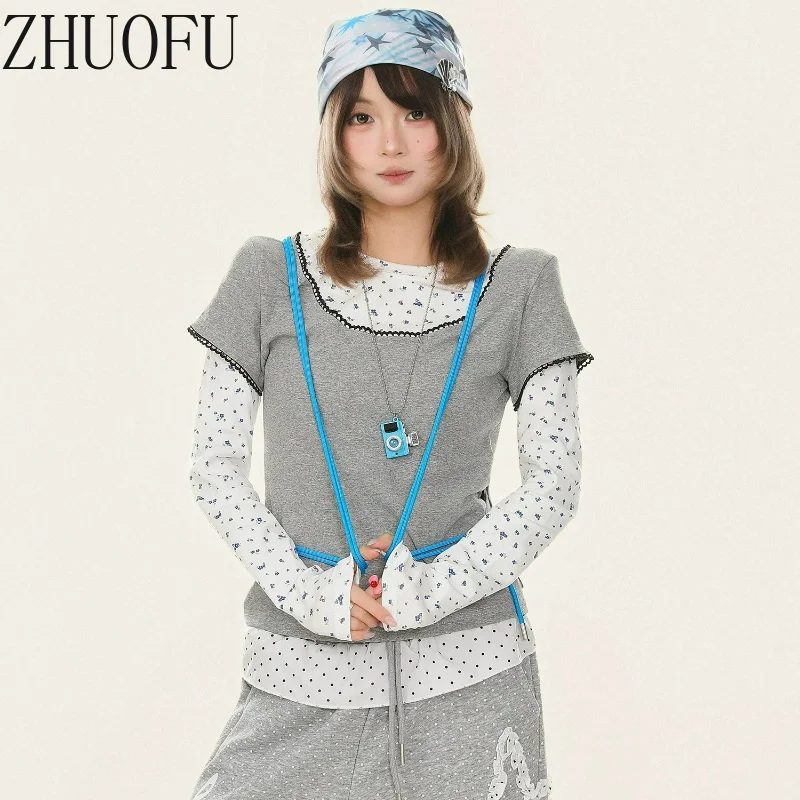 Korean Sweet Women's Clothing 2026 Autumn New Design Slimming Y2k Thin Floral Splicing Fake 2-piece Long-sleeved T-shirt Ladies