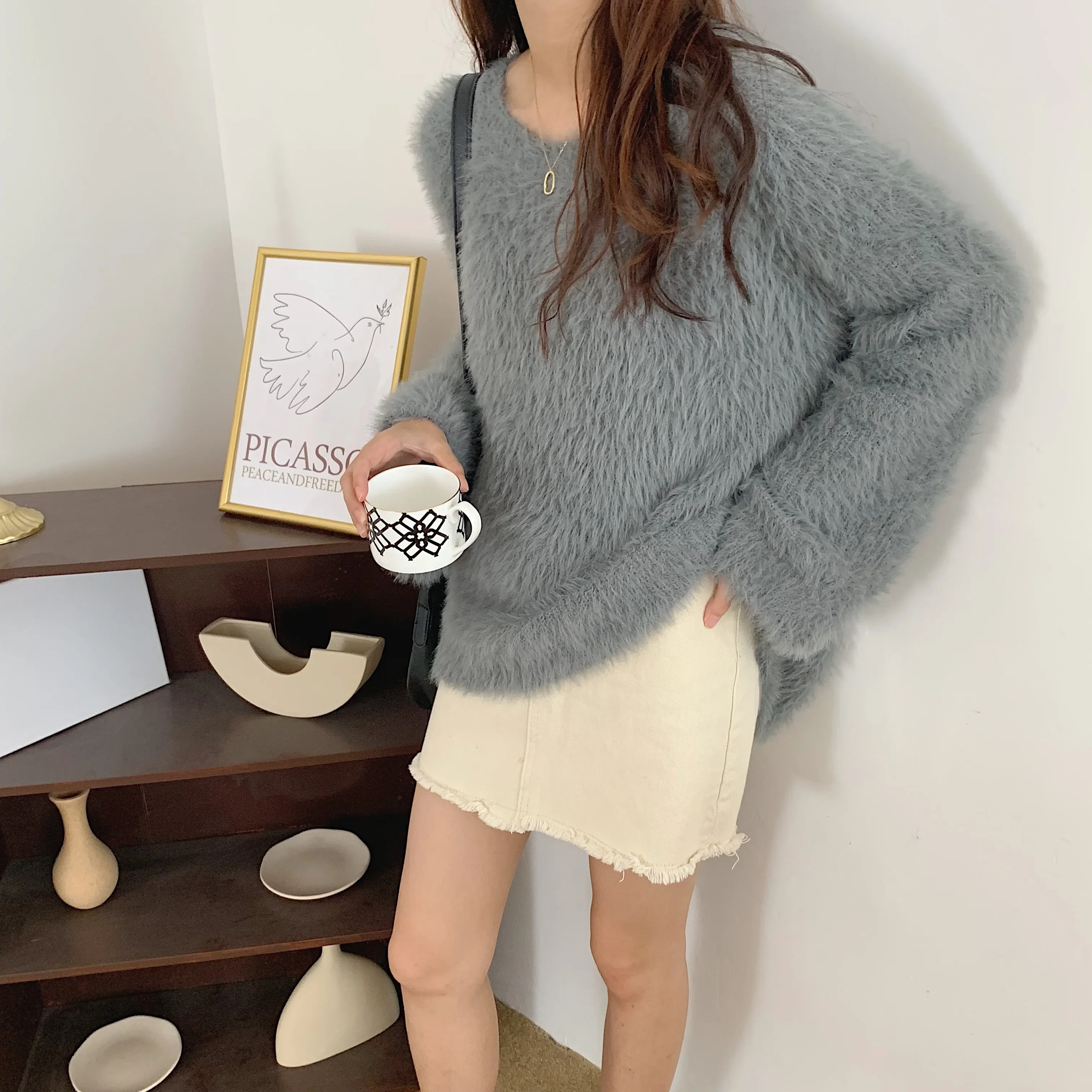 2024 Women Autumn Winter Elegant Khaki Mink Cashmere Sweater Warm Full Sleeve Round Collar Thick Loose Knitted Pullover Jumpers