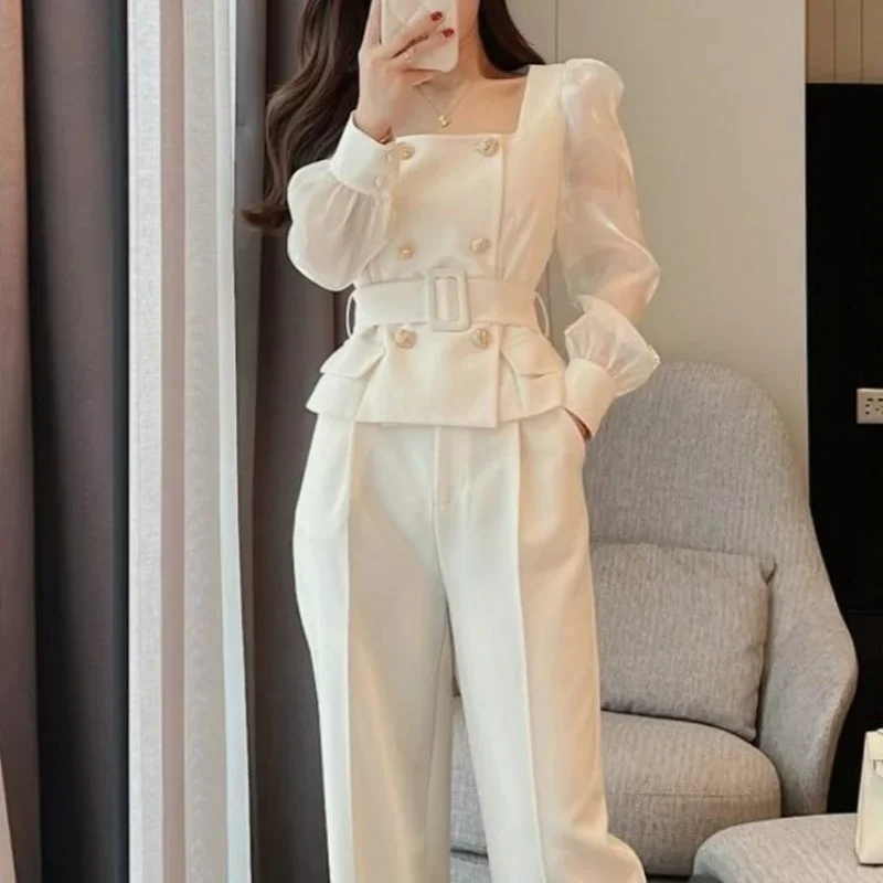 Wide Leg Outfit Two Piece Set Pants for Women White Womens 2 Pant Sets Trouser Suit Blazer and Clothes Tailor with Sleeve Luxury