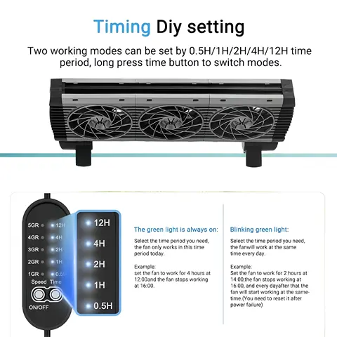 Aquarium Cooling Fan 5 Speeds Timer 180° Adjustable Clip-On Fish Tank Chiller 2-5℃ Drop for Freshwater Saltwater