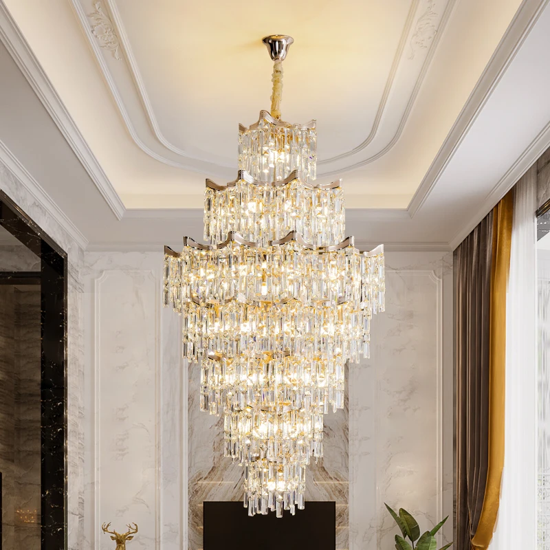 

Duplex building villa living room large chandelier simple building mid-floor hotel light luxury crystal hollow rotating staircas