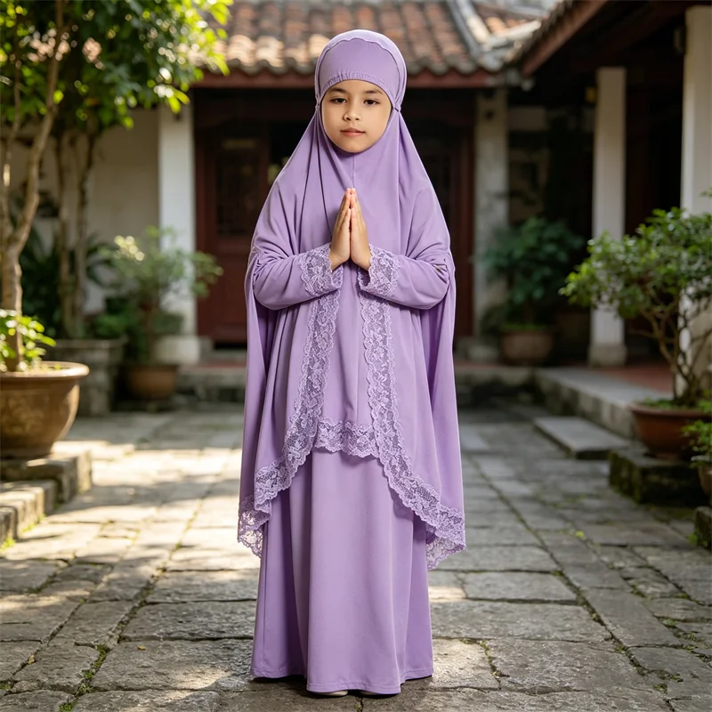 Conjuntos de Eid Djellaba para Muçulmanas, Vestido Hijab, Khimar de Renda, Caftan, Roupa de Oração, Abaya, Burqa Infantil para Meninas, Robe, Saia com