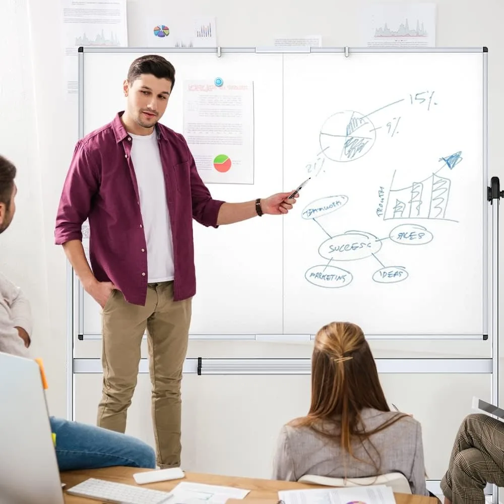 Quadro branco móvel dupla face, quadro branco de laminação seca nas rodas, quadro e suporte de alumínio, 72x48 polegadas