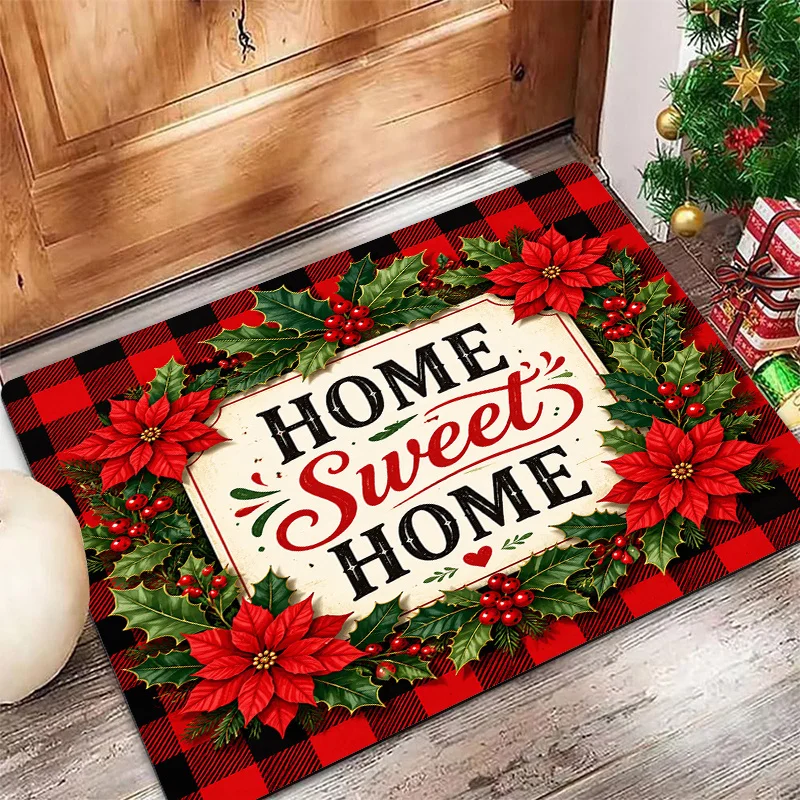 Poinsettia Plaid Christmas Floor Rug Checkered Green Leaf Berry Print Non Slip Carpet For Festive Season Home Entrance