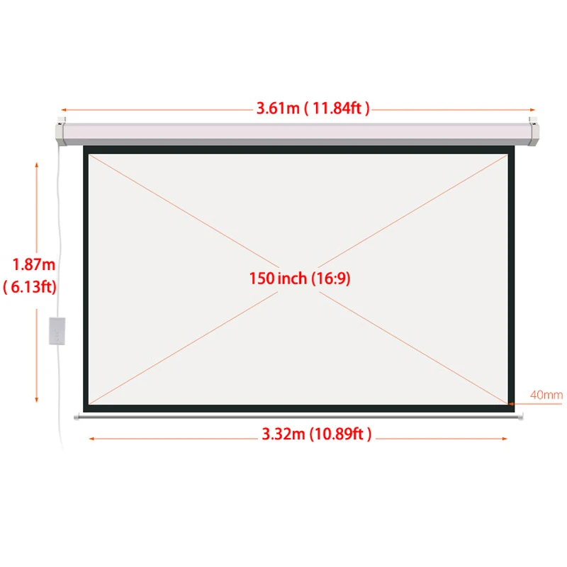 Проекционный экран HD, 150 дюйма, с пультом дистанционного управления, 16:9, моторизованное настенное крепление, экран проектора s для 3D