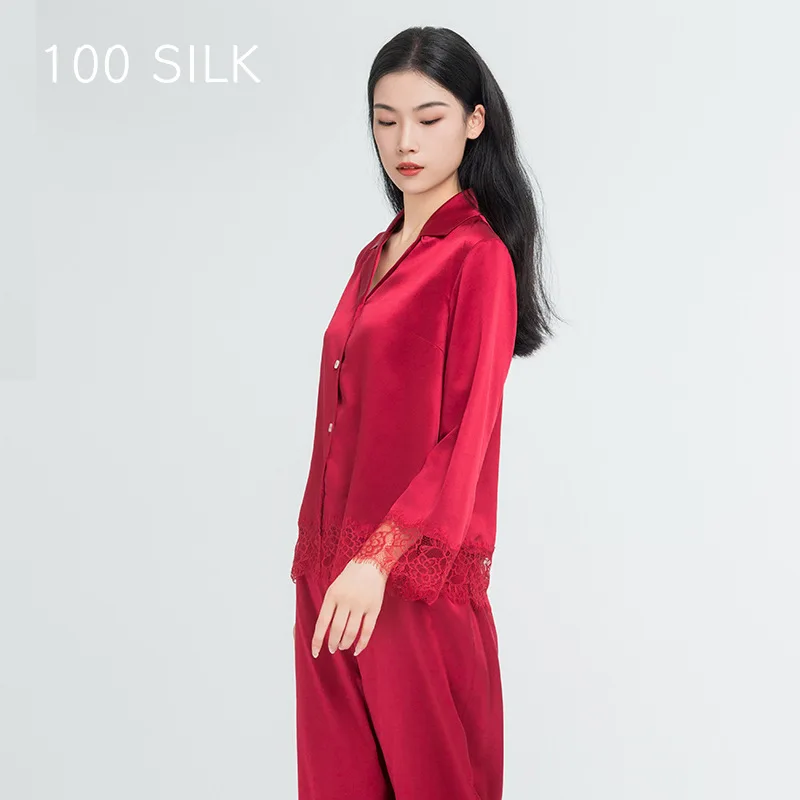 High Quality Natural Real Silk Pajamas Women's Spring and Autumn 2024 Lace High-Grade Home Wear Suit