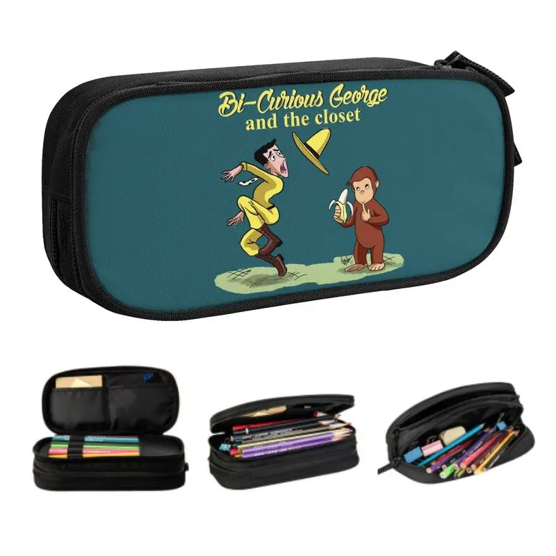 Custom Curious George Cartoon Monkey Korean Pencil Case Boys Gilrs Large Storage Pencil Pouch Students Stationery