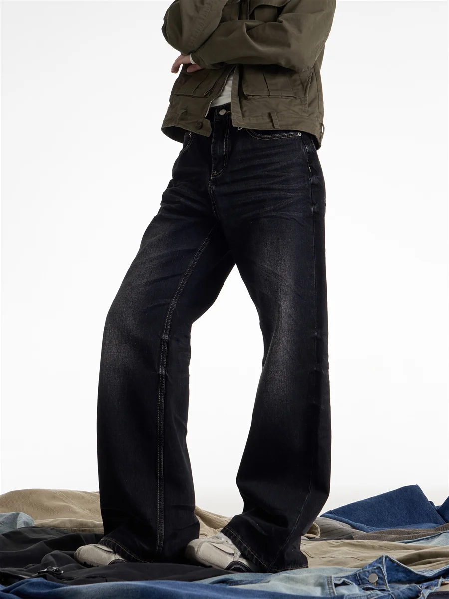 

Retro American Washed Black Knife Jeans Loose Straight Leg Long Pants Men's Versatile Wide Leg Long Trousers
