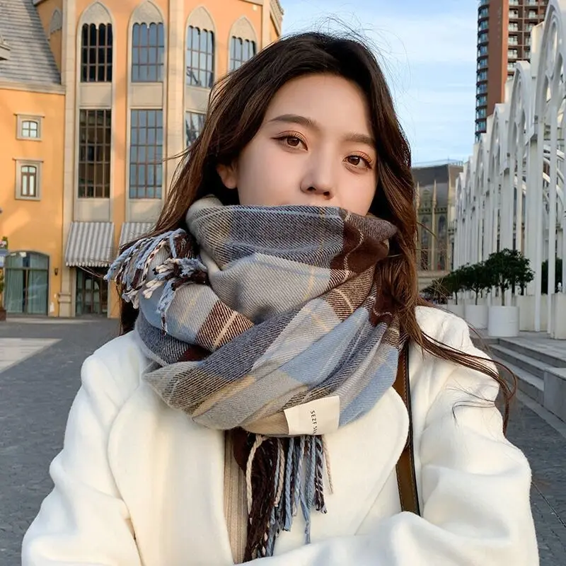 Plaid Scarf Female Autumn And Winter Girls With Thick And Lengthened Imitation Cashmere Shawl Warm Student Neck 24W070